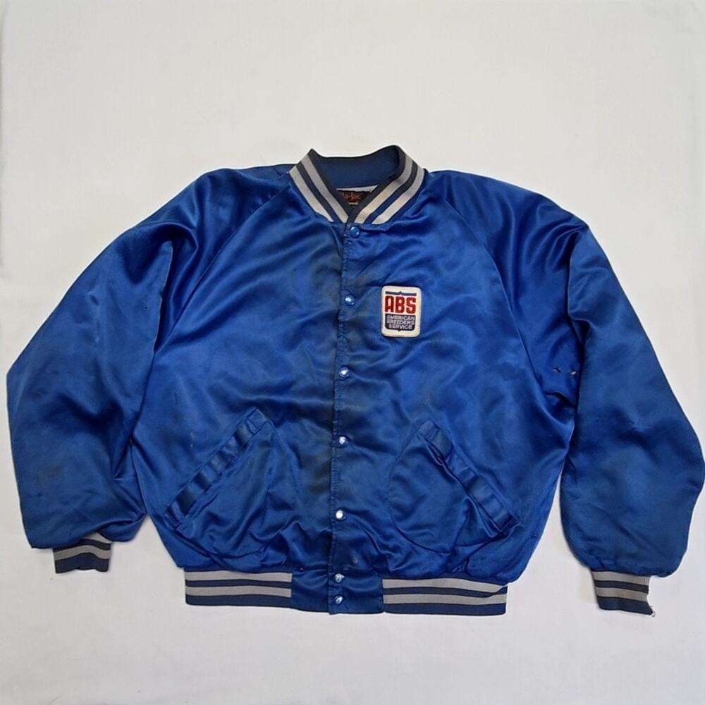Vintage ABS Jacket Pla-Jac Blue Satin Mens XL Distressed Western Bomber